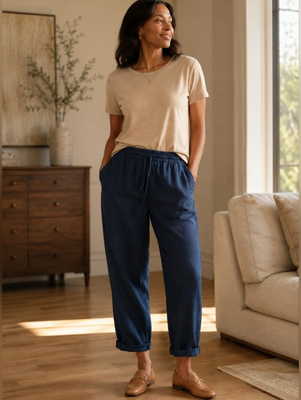 J. Crew Navy Blue Linen/Cotton Drawstring Cuff Pants -Size:10